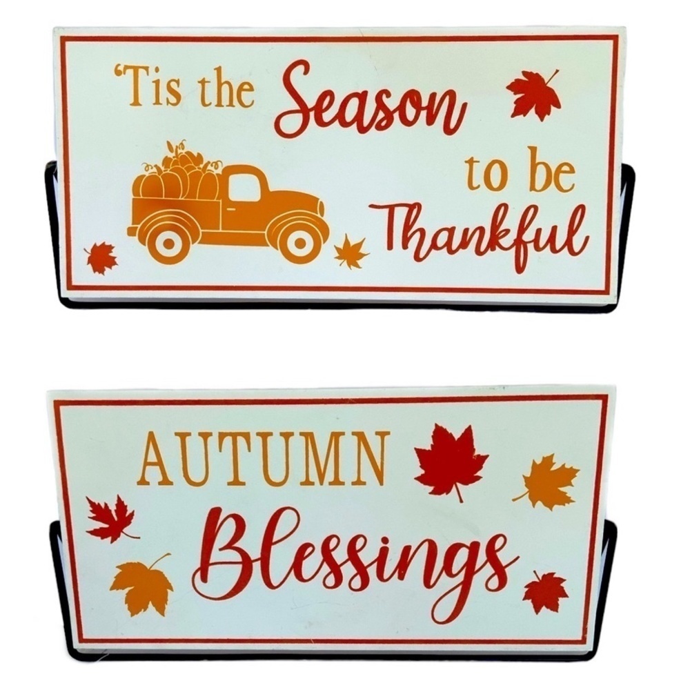 Autumn Rotating 2 Sided Sign Freestanding Table Counter Decoration Metal Stand